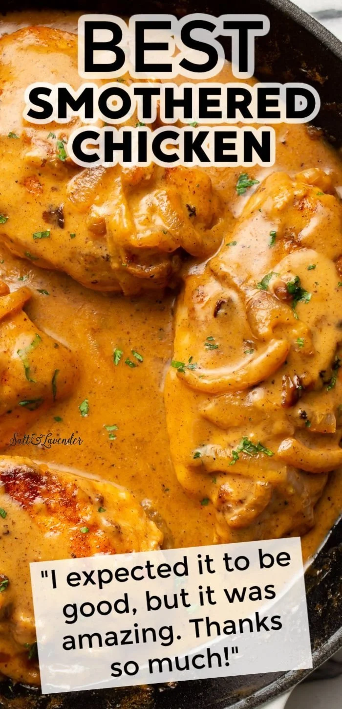 Delicious smothered chicken served with creamy gravy and herbs
