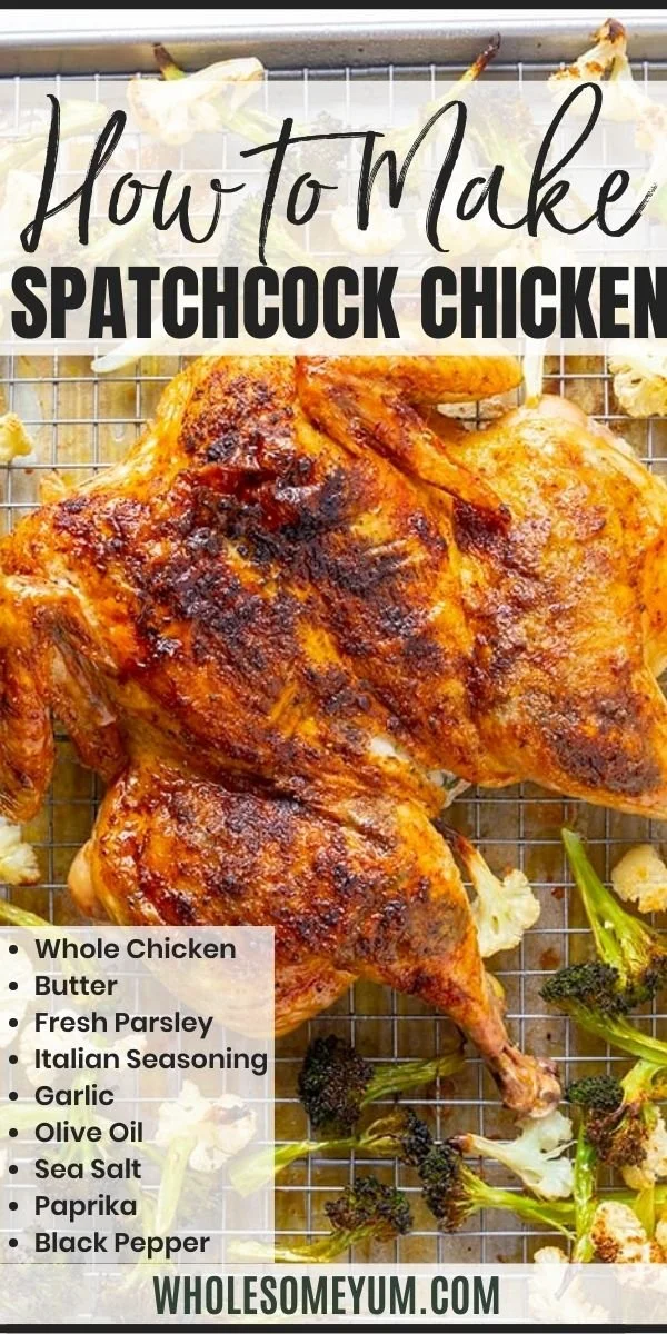 Spatchcock roast chicken ready to be served on a wooden platter