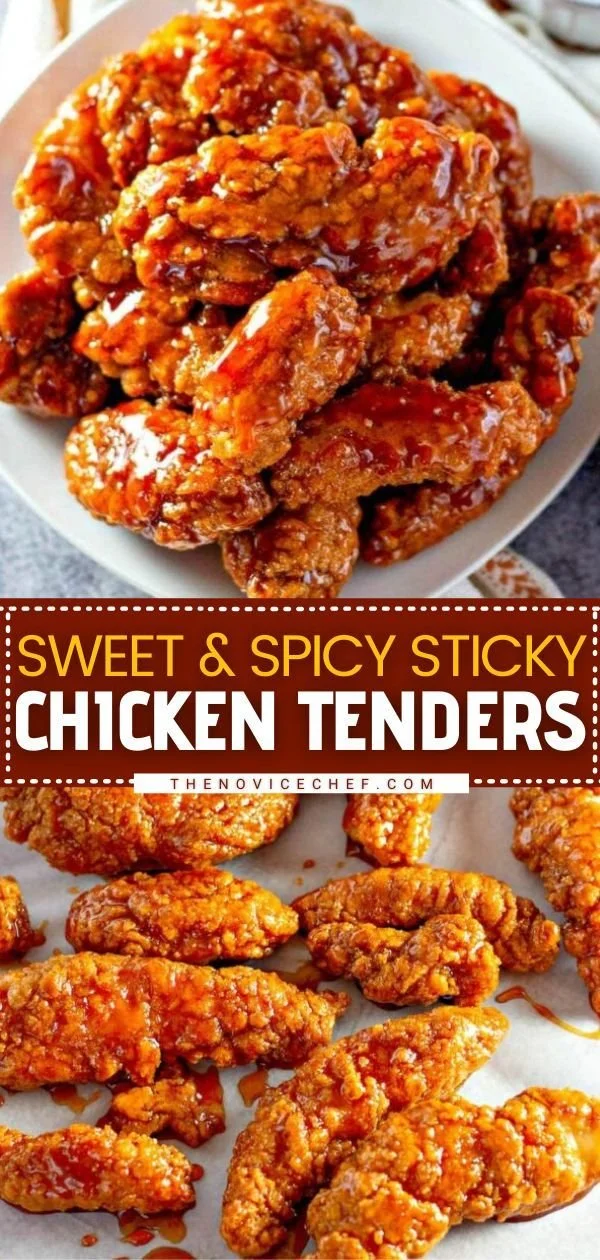 Plate of sticky chicken tenders drizzled with sauce and served with dipping sauce.