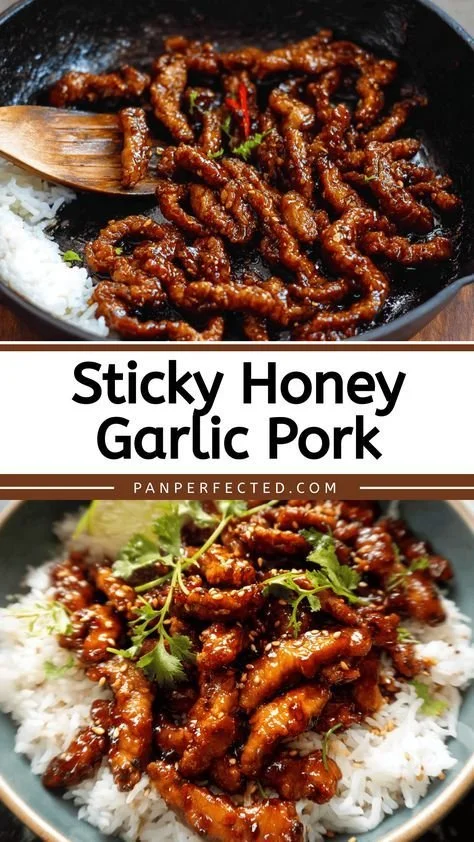 Sticky honey garlic pork served with vegetables on a plate