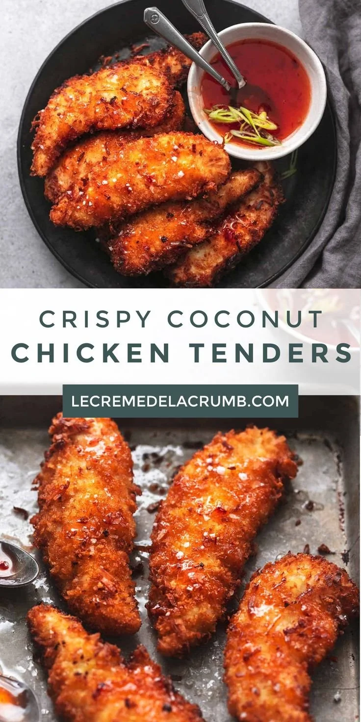 Plate of Sweet 'n Crispy Coconut Chicken Tenders with dipping sauce