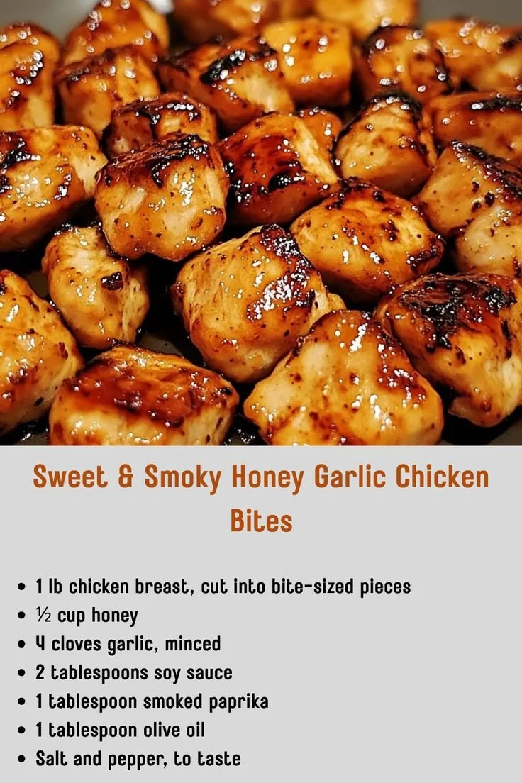 Delicious sweet and smoky honey garlic chicken bites served on a plate.