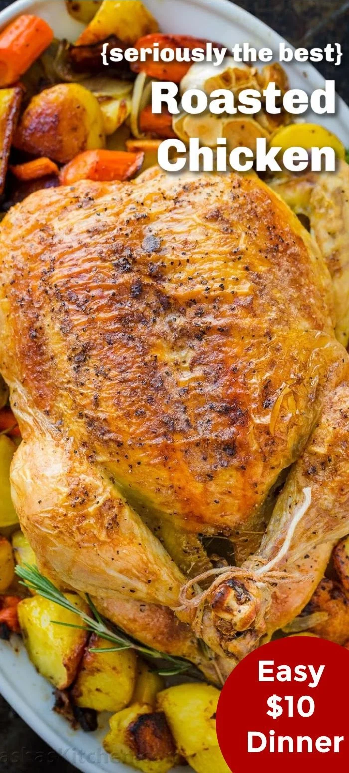 Tender and juicy roasted chicken served with fresh herbs and vegetables.