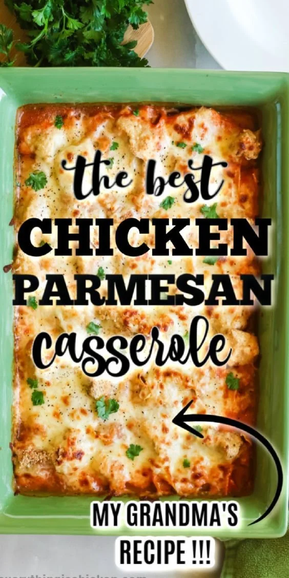 Delicious chicken parmesan casserole baked with cheese and marinara sauce
