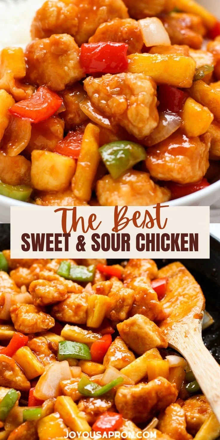 Bowl of delicious sweet and sour chicken with vegetables and sauce
