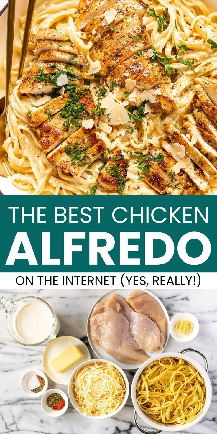 Plate of creamy chicken alfredo pasta with parsley garnish