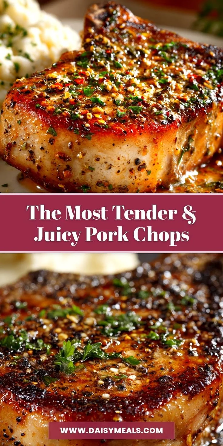 Juicy baked pork chops served on a plate with herbs and spices