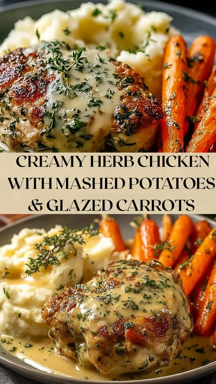 Creamy herb chicken with mashed potatoes and glazed carrots on a plate, showcasing comfort food.