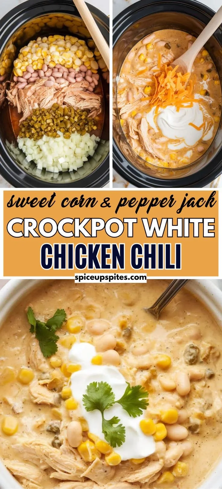 Bowl of Crockpot Sweet Corn & Pepper Jack White Chicken Chili topped with cheese.