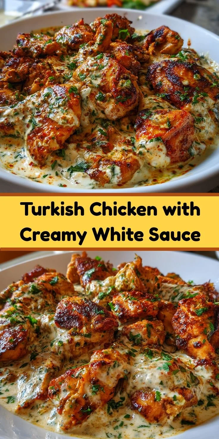 Delicious Turkish chicken in creamy white sauce served in a bowl.