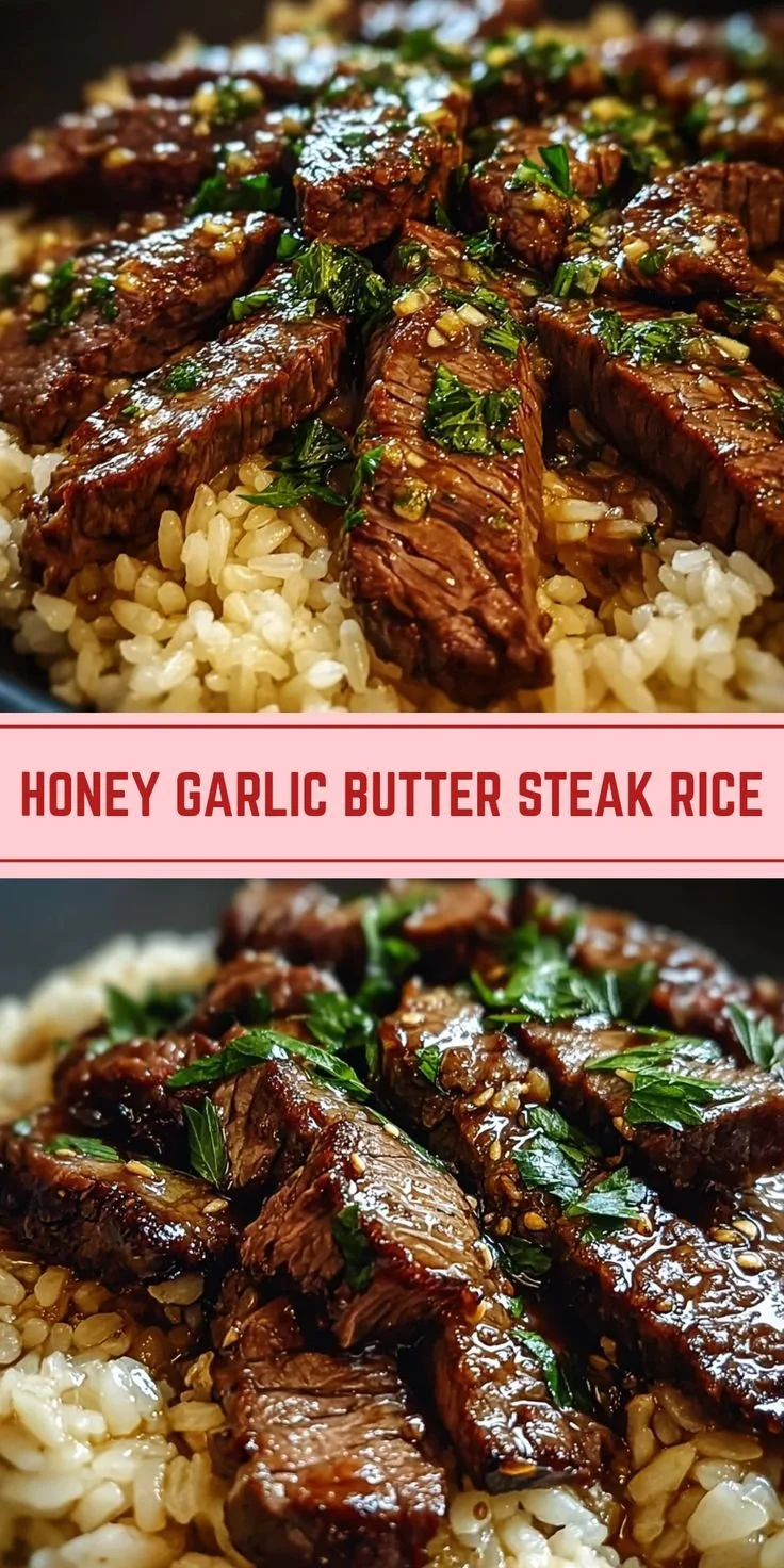 Delicious honey garlic butter steak served with rice in a skillet.