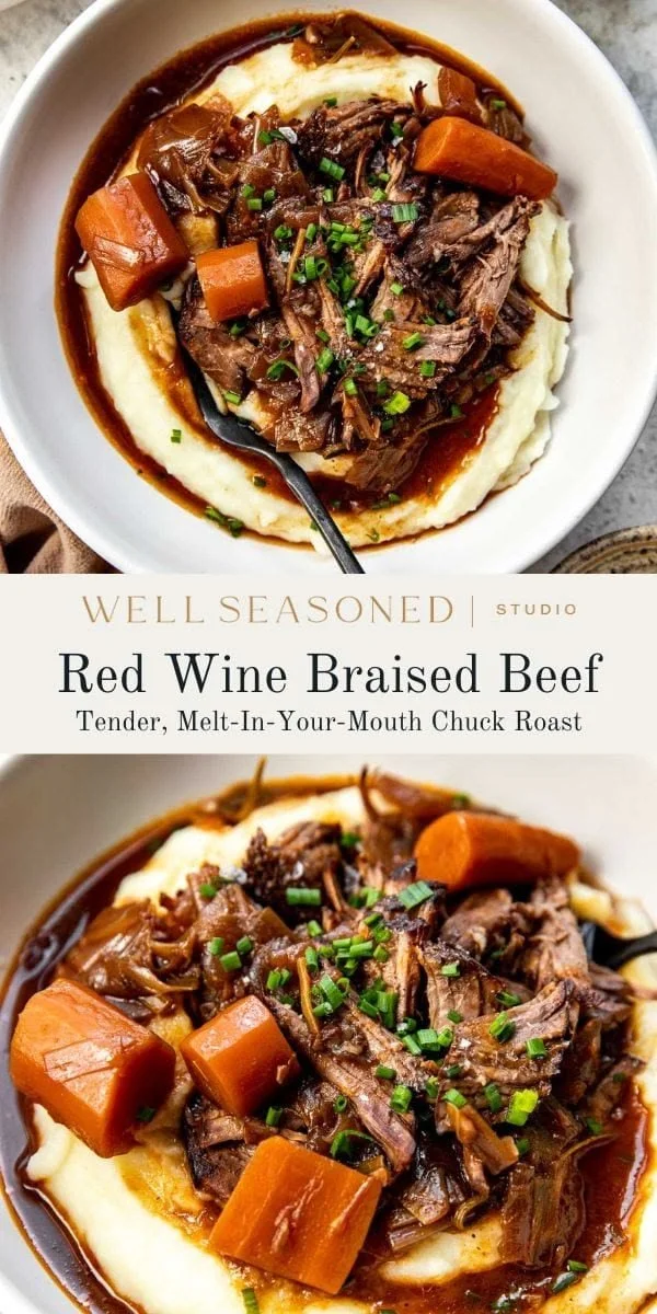 Delicious red wine braised beef garnished with herbs and served with vegetables.