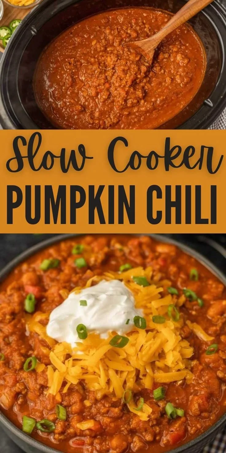 Bowl of creamy pumpkin chili made in a crockpot, garnished with herbs.