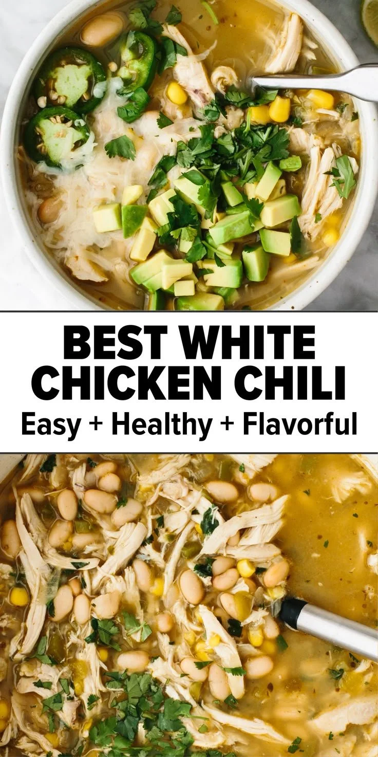 Delicious bowl of White Chicken Chili garnished with cilantro and lime.