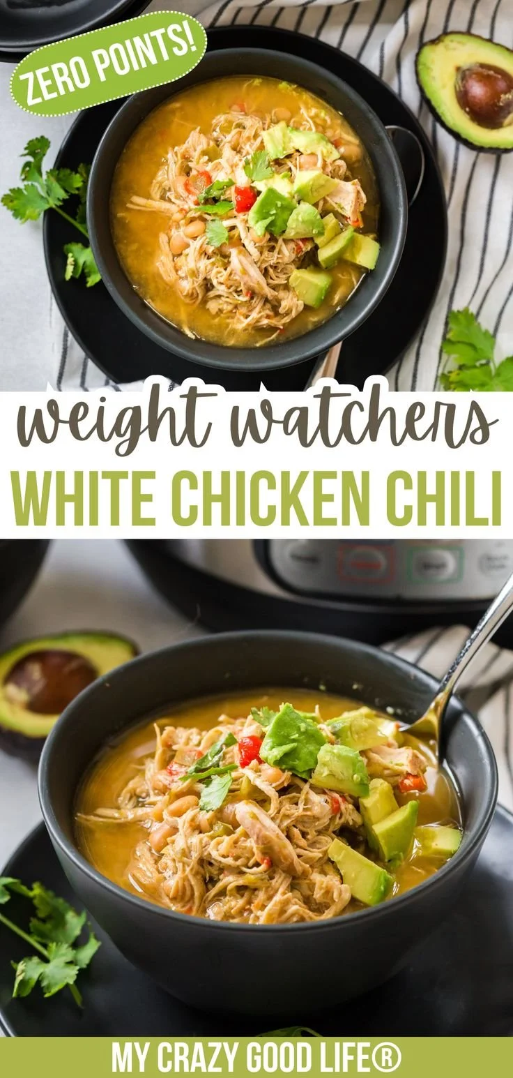 Bowl of WW White Chicken Chili topped with fresh herbs and served with tortilla chips