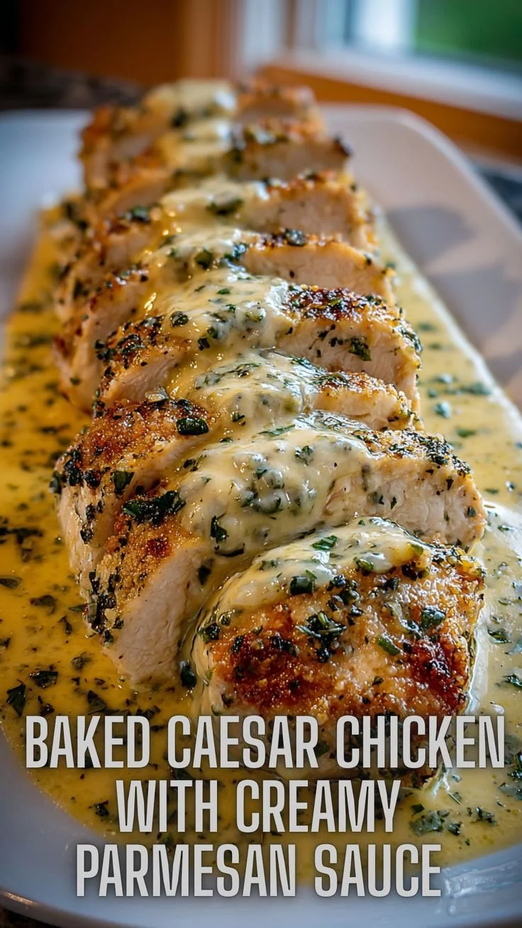 Baked Caesar Chicken drizzled with creamy Parmesan sauce on a plate